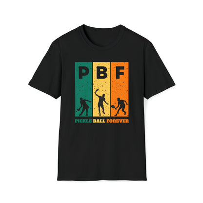black shirt with green, yellow, and orange blocks with a pickleballer in various playing positions and the letters P B F in each block. Under the image is the text, "PICKLEBALL FOREVER".