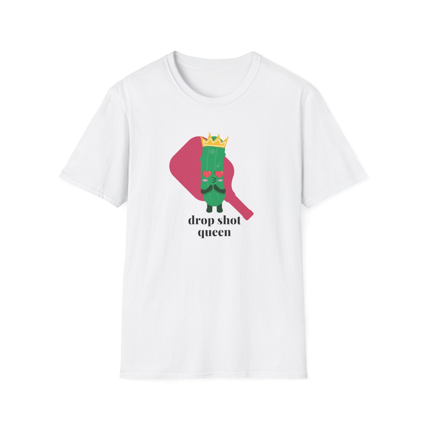 white shirt with pink pickleball paddle. a pickle wearing a crown with heart eyes stands in front of the pickleball paddle. drop shot queen text is under the image